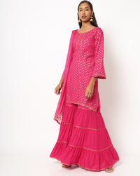 Chhabra 555 Made to Measure Magenta Pink Foil Printed Kurta Sharara Set With Solid Dupatta