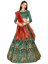 Teal Green & Red Embroidered Banarasi Silk Lehenga Choli & Dupatta