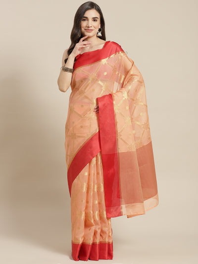 Chhabra 555 Peach Jamdani Chanderi Saree with Geometrical Zari weaving & Embroidered Belt 

Color: Peach

Type: Jamdani Sarees

Pattern: Woven Design

Pattern Type: Geometric

Ornamentation: Zari

Border: Solid

Fabric: Silk Blend

Saree length: 5.50 mtr., Width: 1.10 mtr, Blouse length: 0.85 mtr
Dry Clean Only

The CAD image gives a detailed look of the actual blouse piece that comes with this saree. The blouse used by the model in the pictures is only for styling purpose.