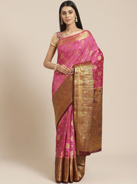Kanjeevaram Dupion Silk Saree with Gold Zari Weaving in Contrast Paisley Pattern Border