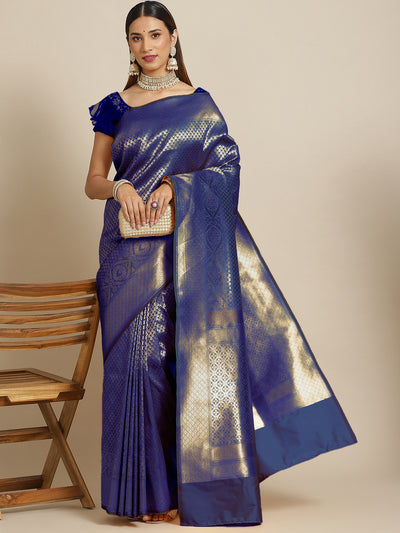 Chhabra 555 Blue Golden Zari Embellished Silk Blend Banarasi Handloom Saree