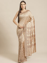 Beige Banarasi Silk Blend Embossed Handloom Saree with Paisley Weaving