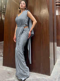 Silver Grey Pre Draped Lycra Belted Saree With Brocade Blouse