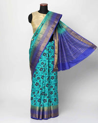 Banarasi Handloom Saree With Ikat Inspired Floral Motifs With Gold Zari Contrast Border & Pallu, Attached Matching Blouse