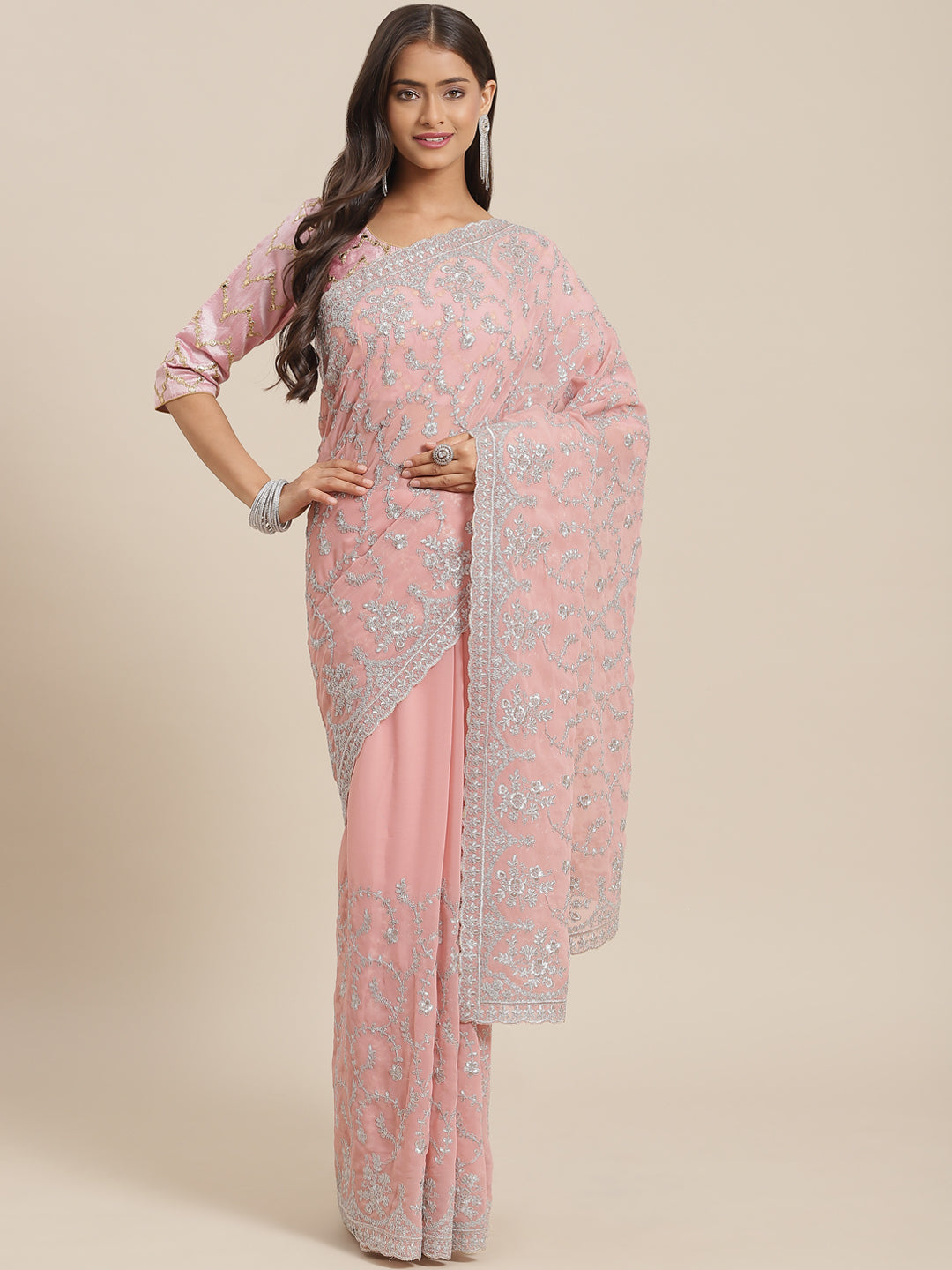 Pastel Pink Georgette Silver Zari Embroidered Saree & Cut-Work Border