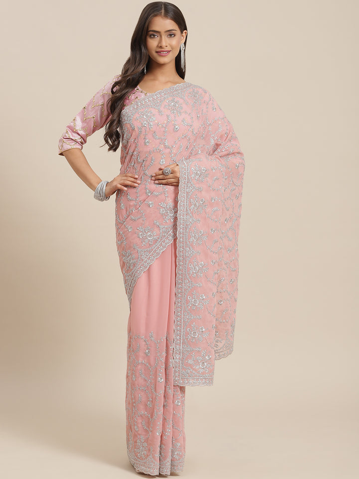Pastel Pink Georgette Silver Zari Embroidered Saree & Cut-Work Border