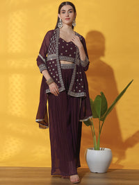 Chhabra 555 Zari Embroidered Indo western Kurta with Peplum Style Jacket, Crop Top & Pleated Palazzo