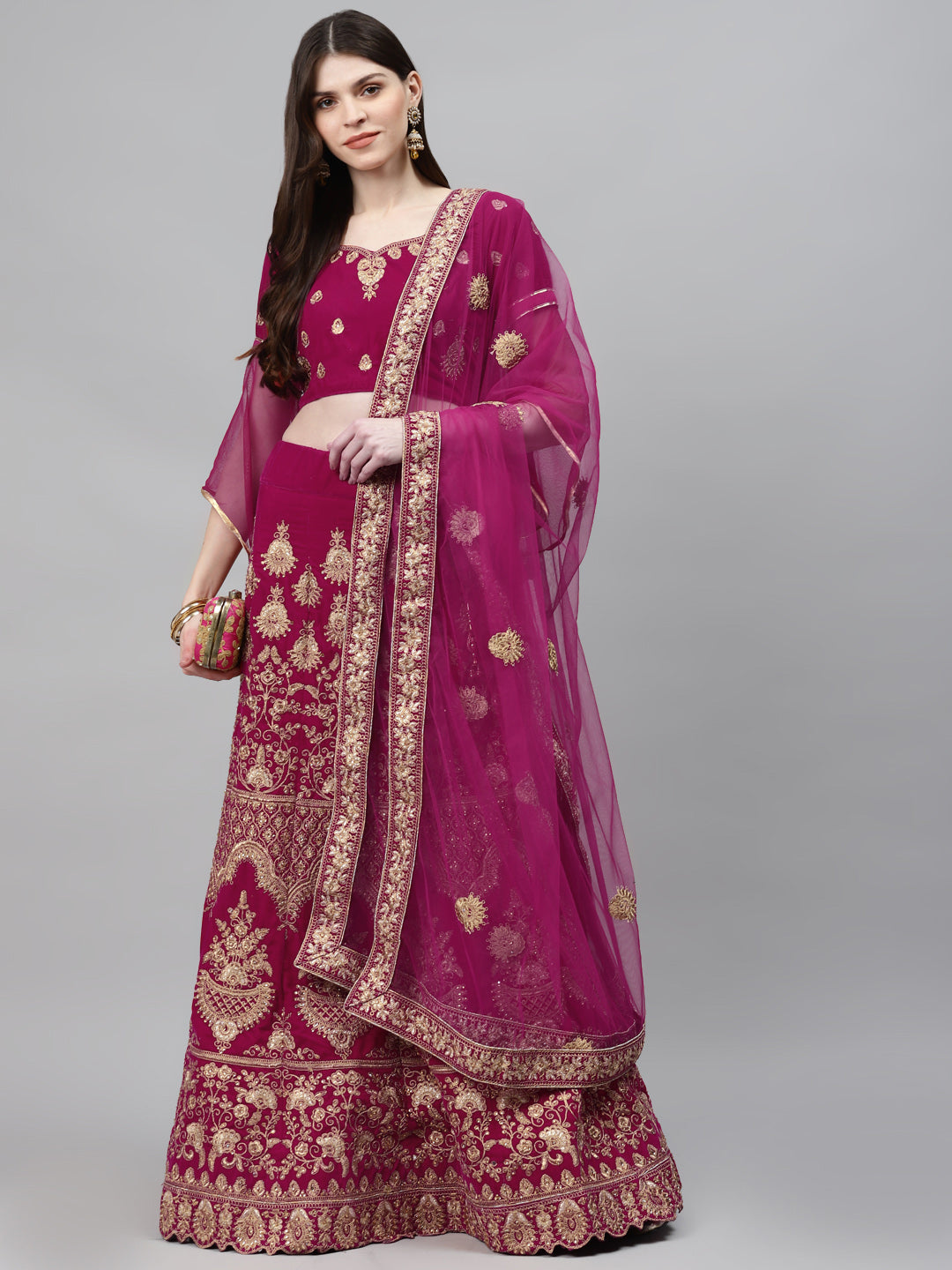 Fuchsia Velvet Bridal Semi-Stitched Lehenga Set with Gold Zari & Resham Embroidery