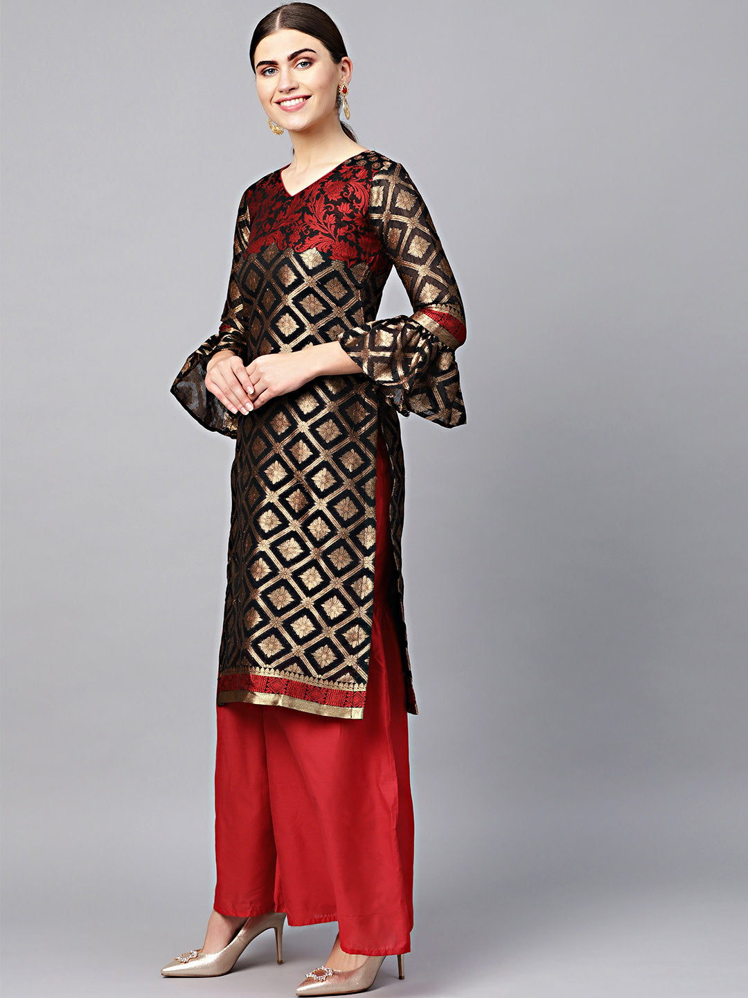 Regular Red Banarasi Silk Woven Designed Stitched Kurti