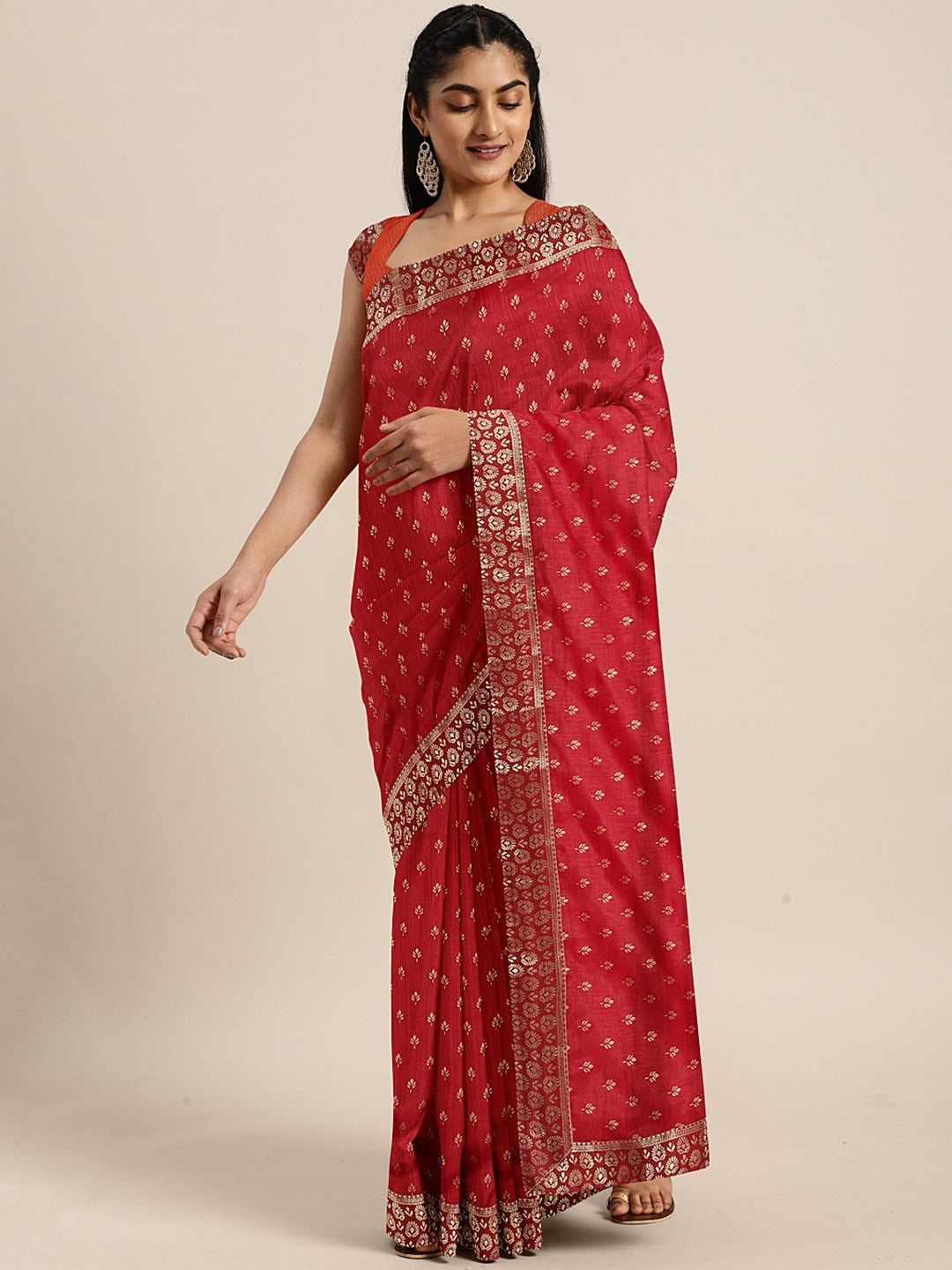 Chhabra 555 Maroon Ethnic Foil Print Bhagalpuri Silk Saree With Zari Handloom Border & Brocade Blouse