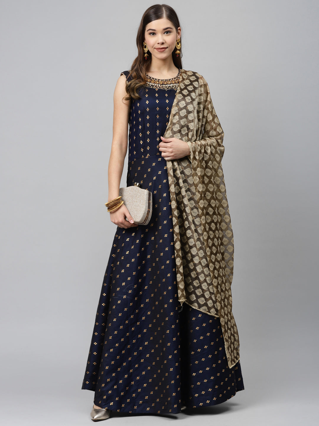 Made to Measure Navy Woven Embroidered Anarkali Set with Contrast Banarasi Dupatta