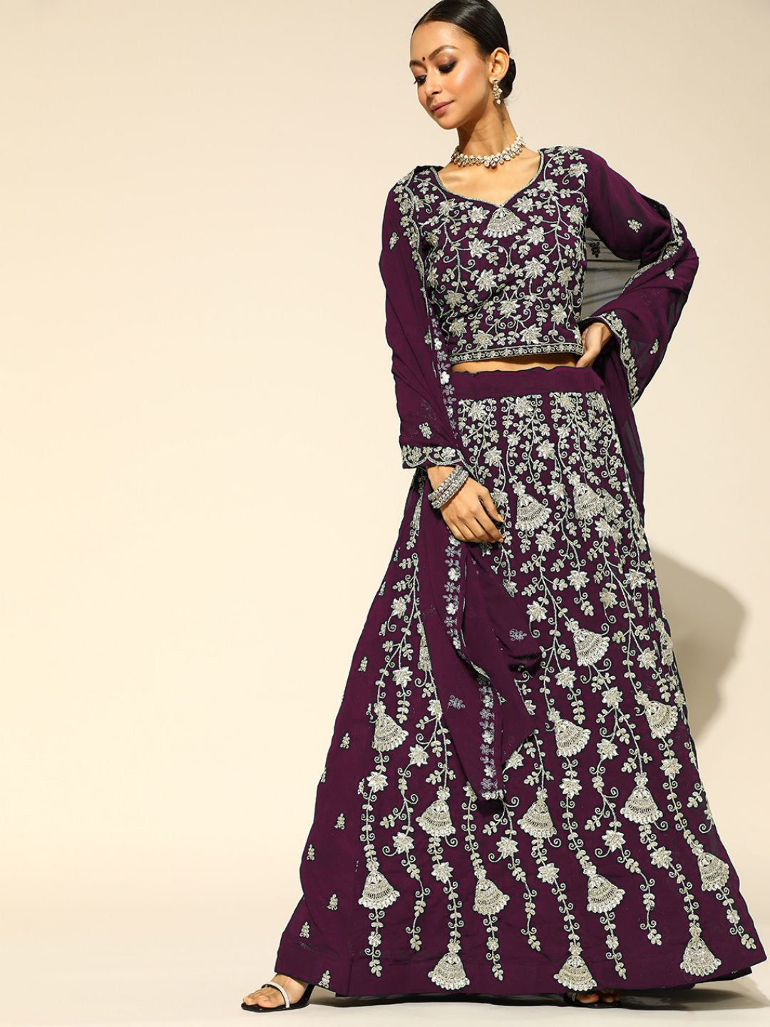 Chhabra 555 Made to Measure Purple Georgette Flared Lehanga Choli with Zari Embroidery