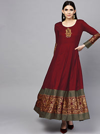 Cotton Embellished Anarkali Flared Kurta Dress with Foil Print