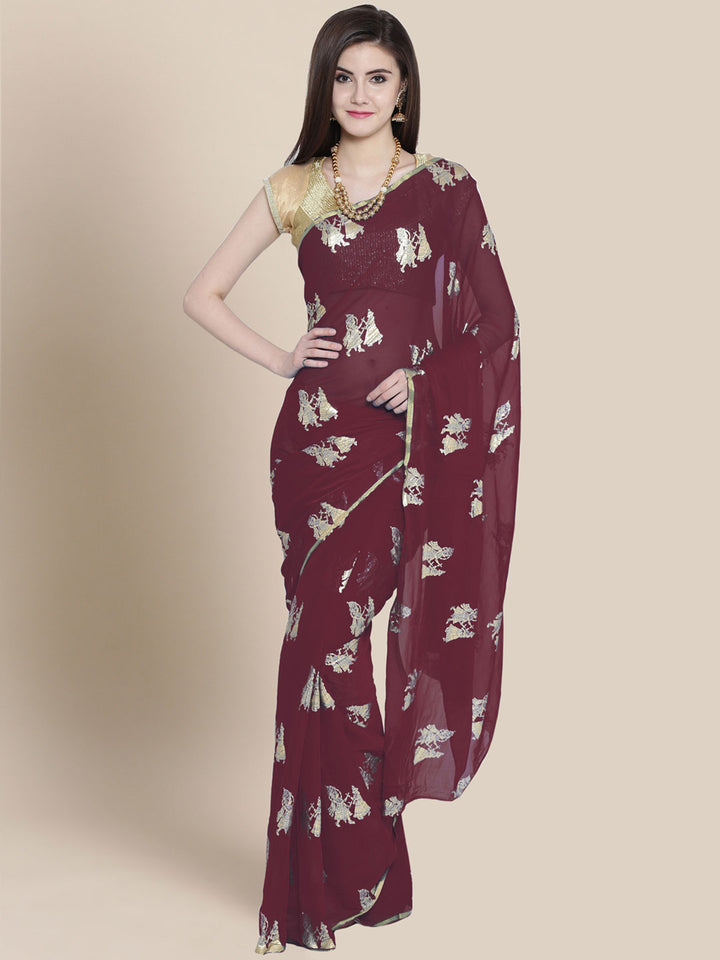 Burgundy Chiffon Foil Print Party Wear Saree with Ethnic Radha Kishan Motifs