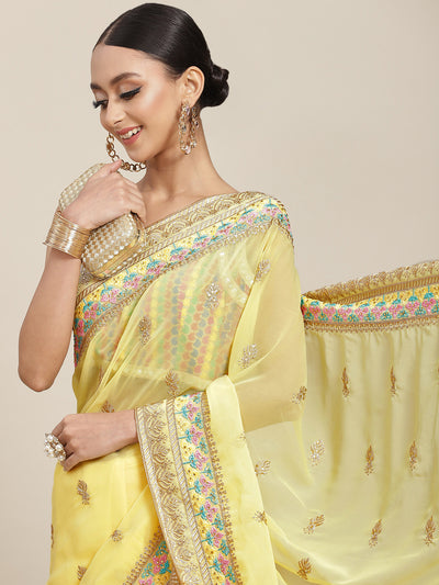 Chhabra 555 Pastel Yellow Resham Thread Embroidery & Crystal Embellished Georgette Saree