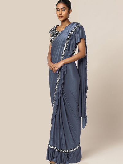 Chhabra 555 Pre-Stitched Ruffled Grey Ready-to-Wear Saree with Sequin Embroidery 