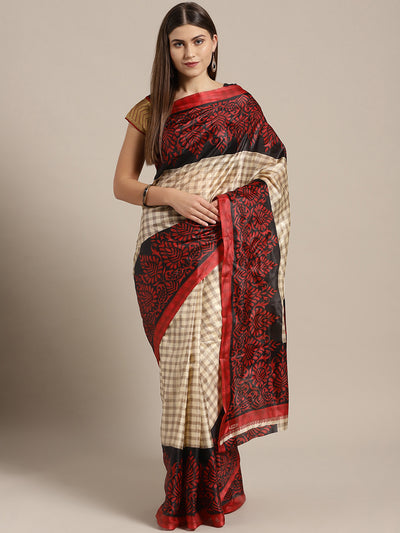 Chhabra 555 Beige Printed Checked Bhagalpuri Saree with Floral motifs in contrast Red Color