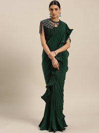 Draped Ruffled Pre-stitched Saree with Tassled Jeweled Neckpiece