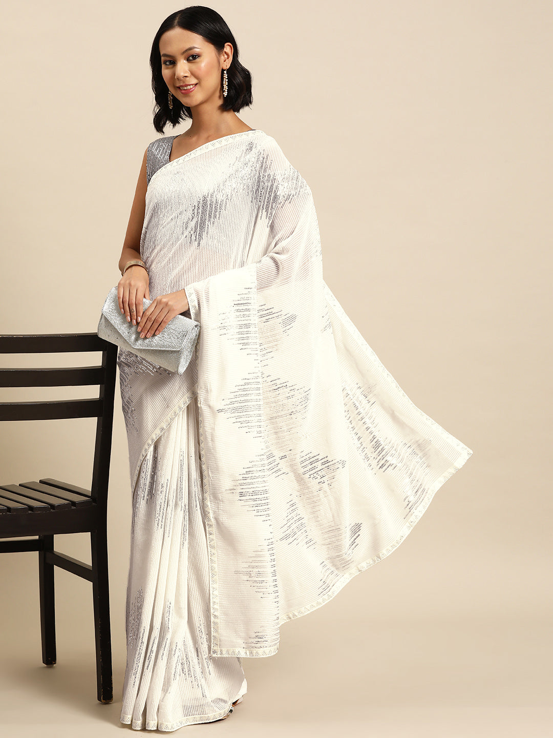 Chhabra 555 White Silver Sequence Embellished Light Festive Chiffion Summer Bling Girlish Saree 