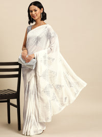 Chhabra 555 White Silver Sequence Embellished Light Festive Chiffion Summer Bling Girlish Saree 