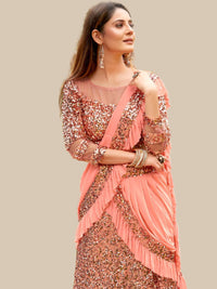 Chhabra 555 Peach Metallic Sequinned Party Wear Lehenga Saree with Ruffled Pre-stitched pallu