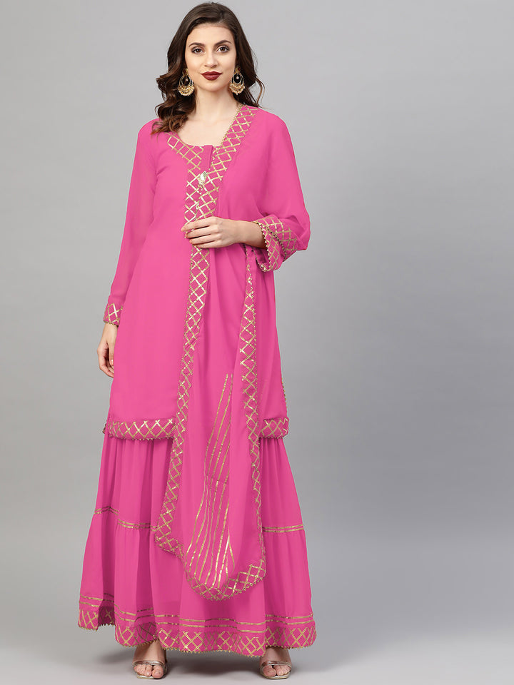 Made to Measure Pink Embellished Kurta Set With gota patti embroidery and tiered sharara