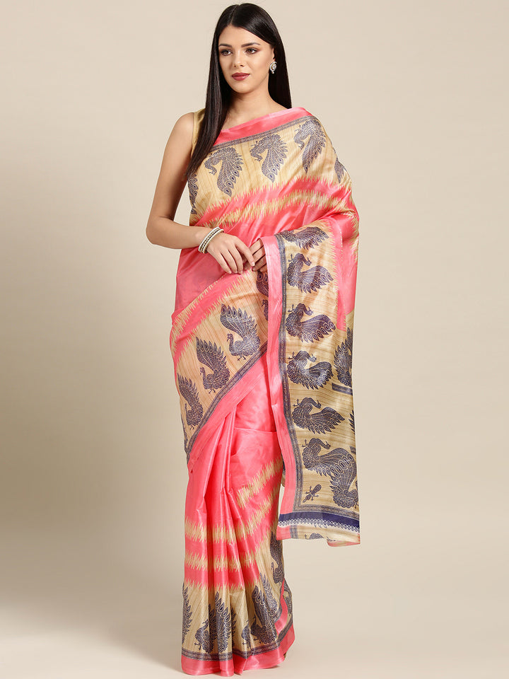Chhabra 555 Pink Printed Bhagalpuri Saree with Tradiational Patola Peacock patterns