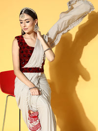 Chhabra 555 Beige Maroon Pre-Draped Sequence Ready to Wear Belted Saree With Ruffles & Frills  