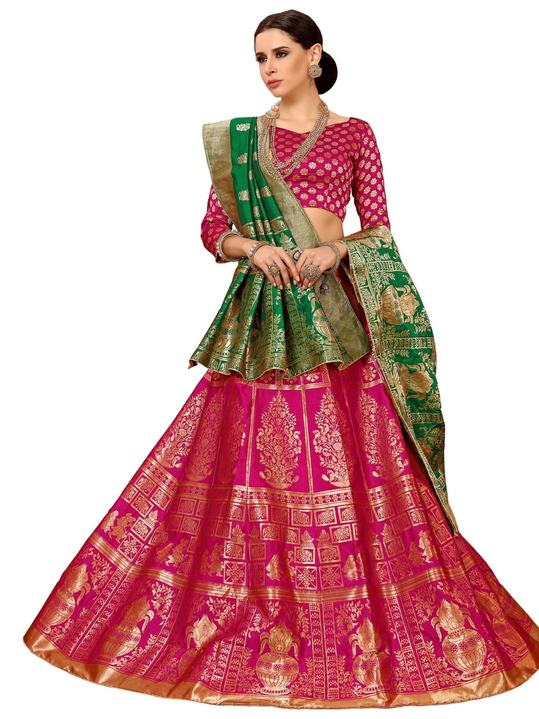 Magenta & Green Baluchari Design  Embroidered Banarasi Silk Lehenga Choli & Dupatta