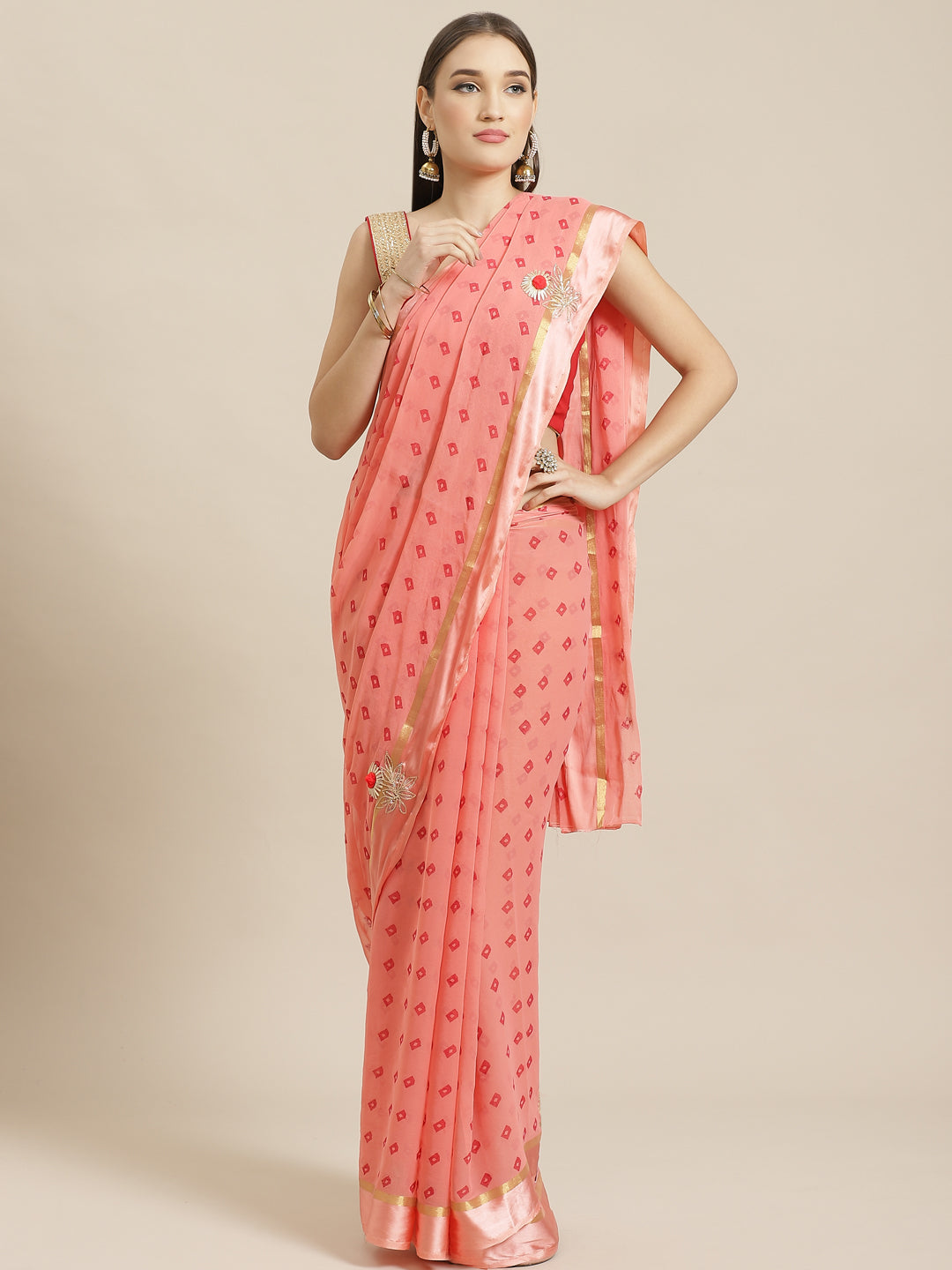 GMWA2483 Peach Chiffon Saree with Bandhani Jaipuri Print & Gota Patti Embroidery & Zari Border – Chhabra 555 GMWA2483 Peach Chiffon Saree with Bandhani Jaipuri Print & Gota Patti Embroidery & Zari Border – Chhabra 555