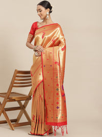 Chhabra 555 Red Zari Handwoven Paithani Silk Handloom Saree with Meenakari Peacock Motifs 