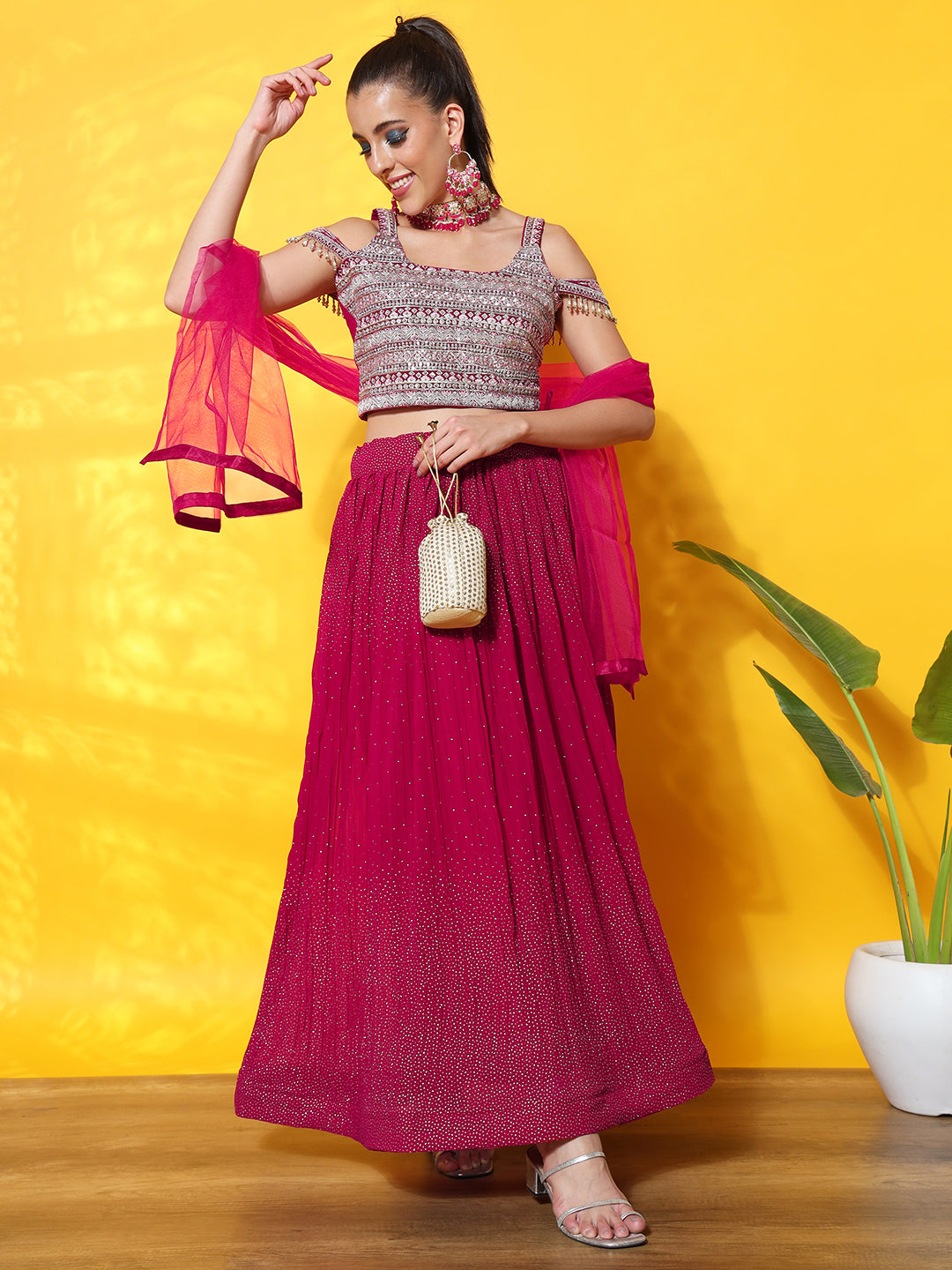 GNER2773 Tassled Embroidered Cold Shoulder Crop Top with Georgette Pleated  Foil Print Lehenga – Chhabra 555