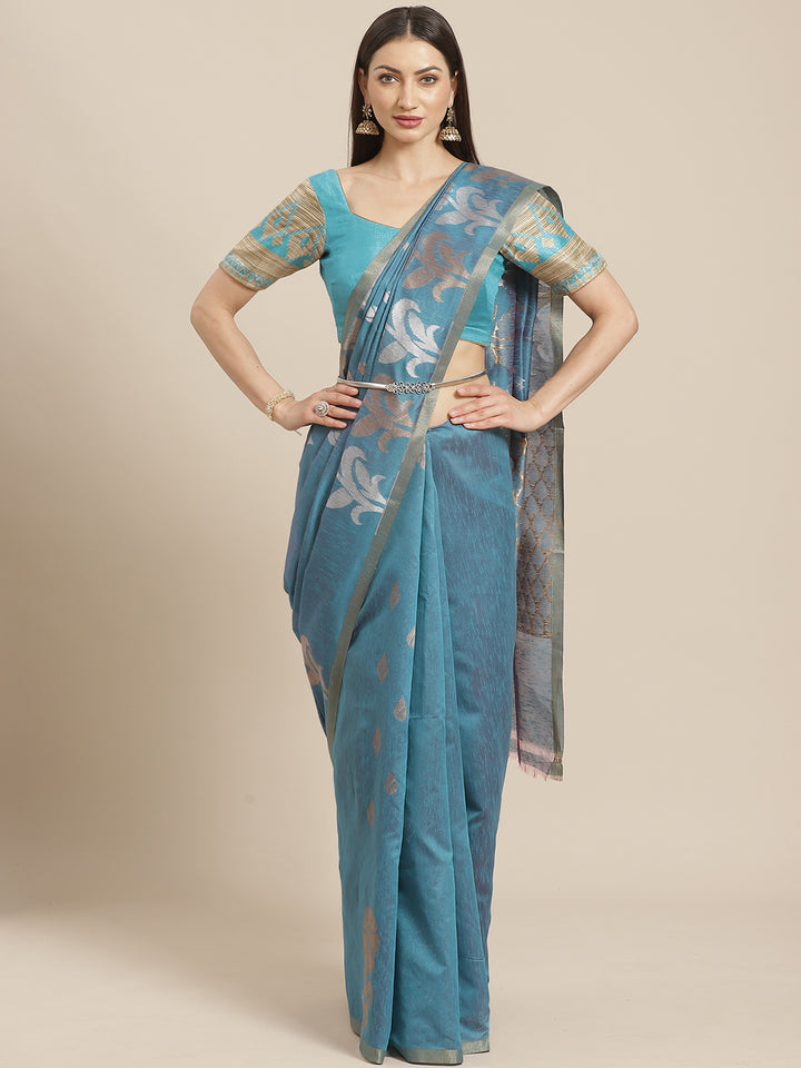 Banarasi Heritage Jute Silk Saree with Gold, Silver Floral Motifs And matching Gold Belt