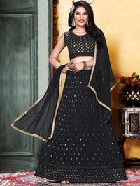 Chhabra 555 Black Sequin Embellished Flared Lehenga Choli Dupatta Set with Accordian Pleats