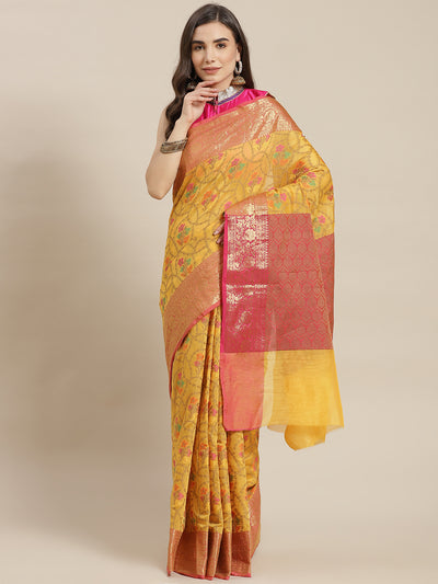 Chhabra 555 Mustard Banarasi Chanderi Meenakari Handloom Saree With Resham & Golden Zari Weaving 

Color: Mustard

Type: Chanderi Sarees

Pattern: Woven Design

Pattern Type: Floral

Ornamentation: Zari

Border: Woven Design

Fabric: Silk Blend

Saree length: 5.50 mtr., Width: 1.10 mtr, Blouse length: 0.85 mtr
Dry Clean Only

The CAD image gives a detailed look of the actual blouse piece that comes with this saree. The blouse used by the model in the pictures is only for styling purpose.