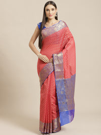 Rose Pink Handloom Chanderi Saree with Paisleys Weaving & Contrast Purple Border, Blouse