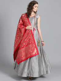 Chhabra 555 Grey & Magenta Art Silk Foil Print Embellished Stitched Anarkali Kurta Set With Heavy Banarasi Dupatta 