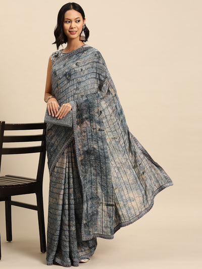 Chhabra 555 Cream Blue Batik Print Saree Embellished With Crystal Border & lurex thread Embroidery