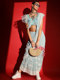 Chhabra 555 Pastel Resham Thread Embroidered & Crystal Embellished Saree with Scalloped Border