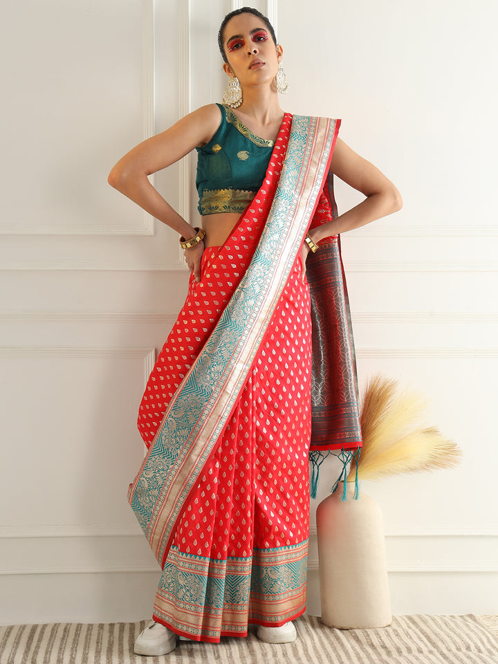 Chhabra 555 Red Zari Woven Banarasi Saree with Contrast Peacock Motif Border
