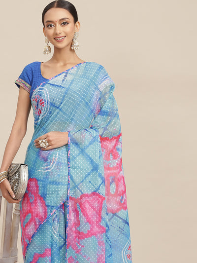 Chhabra 555 Blue & Pink Tie & Dye Light Weight Leheriya Chiffon Saree with Tassels 
