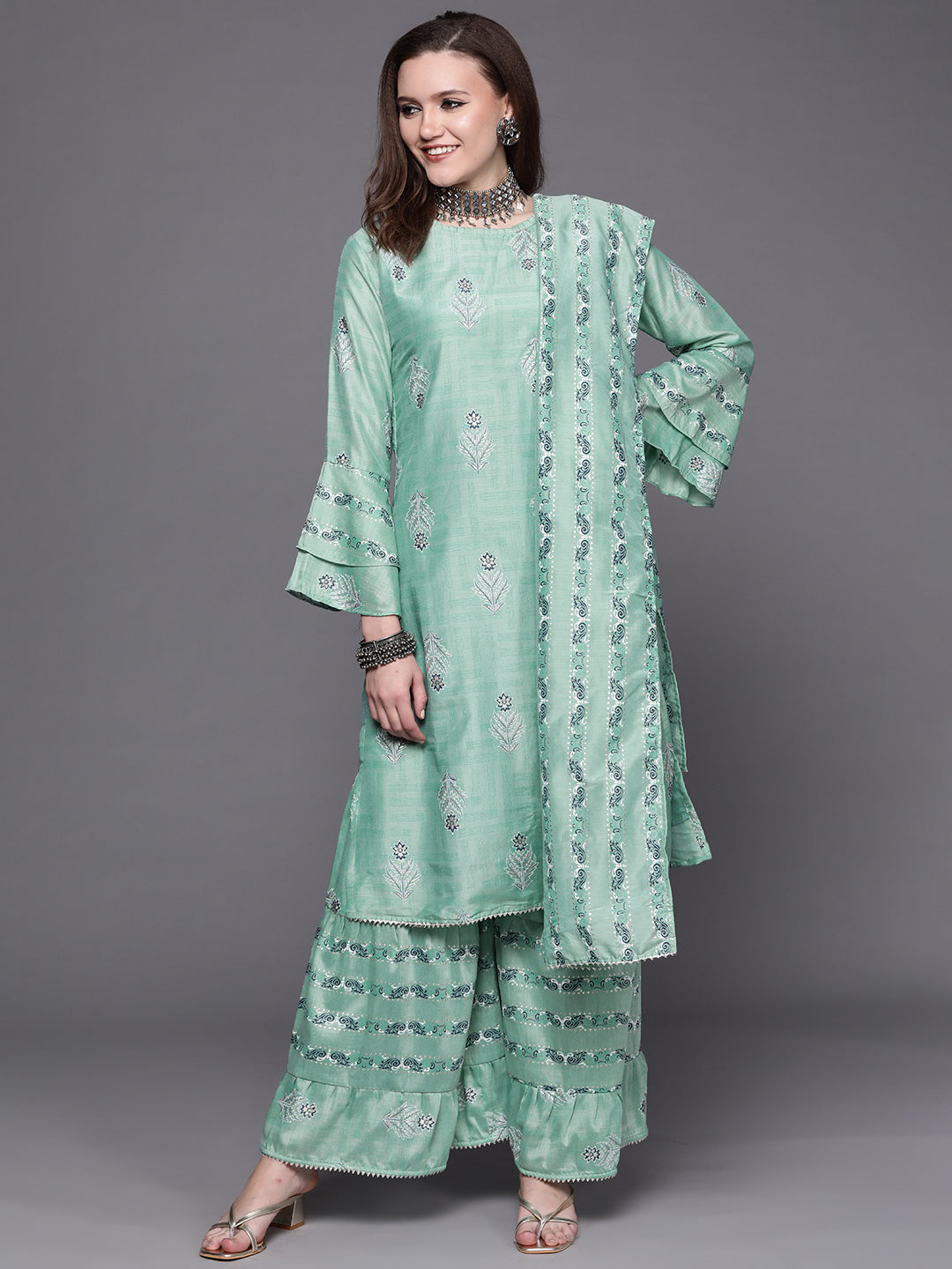 Chhabra 555 Made to Measure Pastel Indie Print Kurta Set with Tiered Sharara and Gota Embellishments