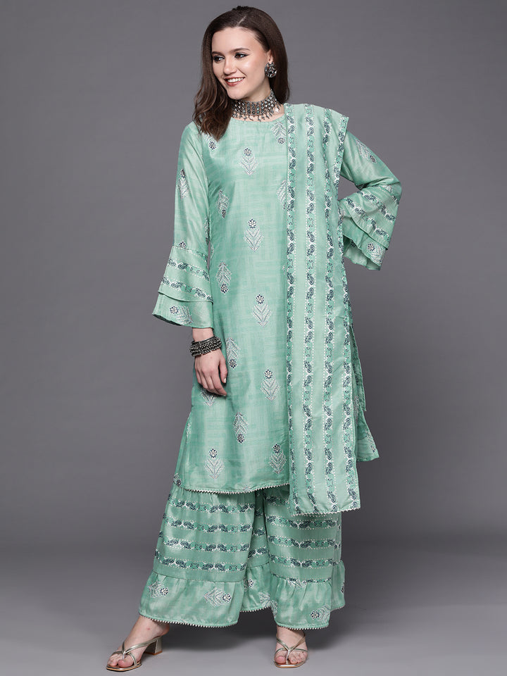 Chhabra 555 Made to Measure Pastel Indie Print Kurta Set with Tiered Sharara and Gota Embellishments