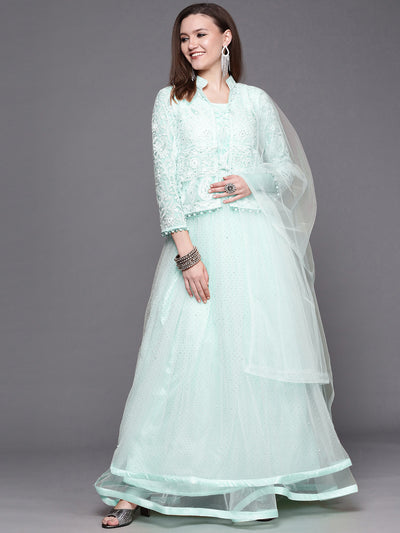 Chhabra 555 Made to Measure Glitter Embellished Flared Gown with Resham Chikankari Embroidery Jacket