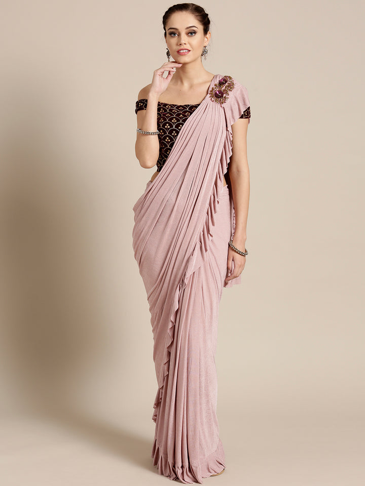 Draped Ruffled Pre-stitched Saree with Off-shoulder Sequin Embellished Blouse