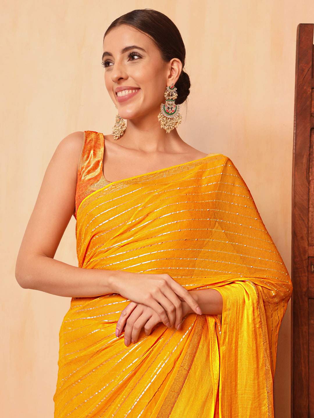 Chhabra 555 Haldi Yellow Lurex Zari Striped Lightweight Girlish Leheriya Saree With Satin Border