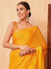 Chhabra 555 Haldi Yellow Lurex Zari Striped Lightweight Girlish Leheriya Saree With Satin Border