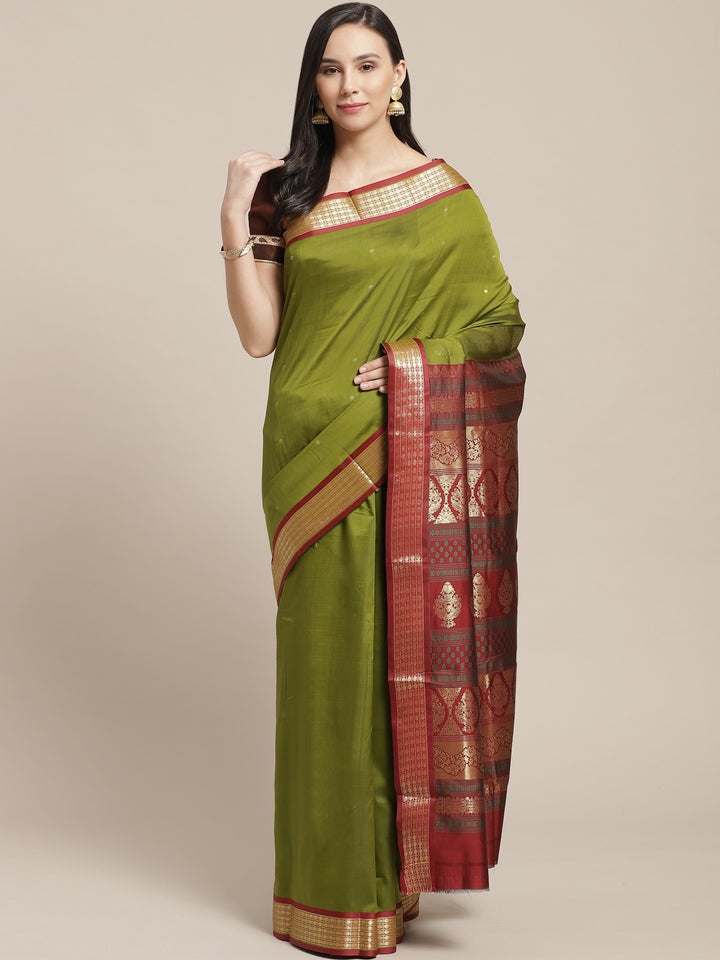 Kanjiwaram Dupion Silk saree with Zari Weaving Contrast Border and Rich Temple Pallu