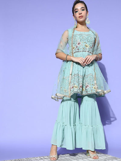 Chhabra 555 Dusty Blue Sequin & Resham Embellished Floral Peplum Kurta Sharara Set with Gold laces 