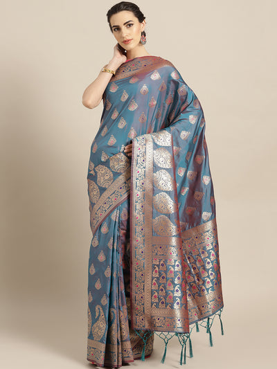 Chhabra 555 Turquoise Gold Banarasi Handloom Silk Saree with Floral Meenakari pattern and Jhalar
